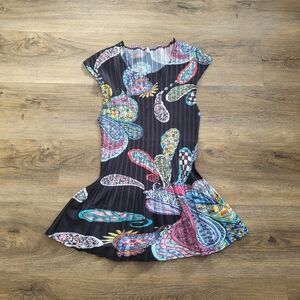 Woman Accordion Crinkle Pleat  Print Top Blouse Medium Paisley Eclectic Stretch